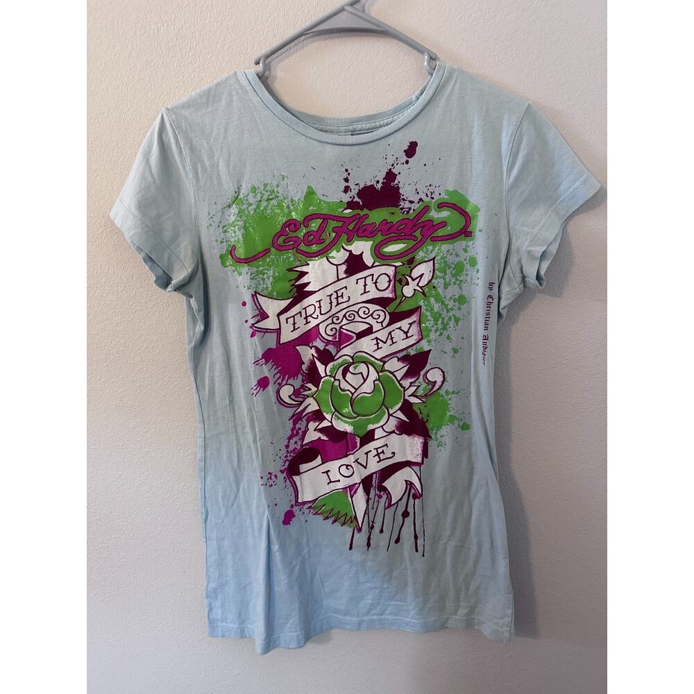 Vintage Ed Hardy womens size large blue green and pink rose crew neck tshirt